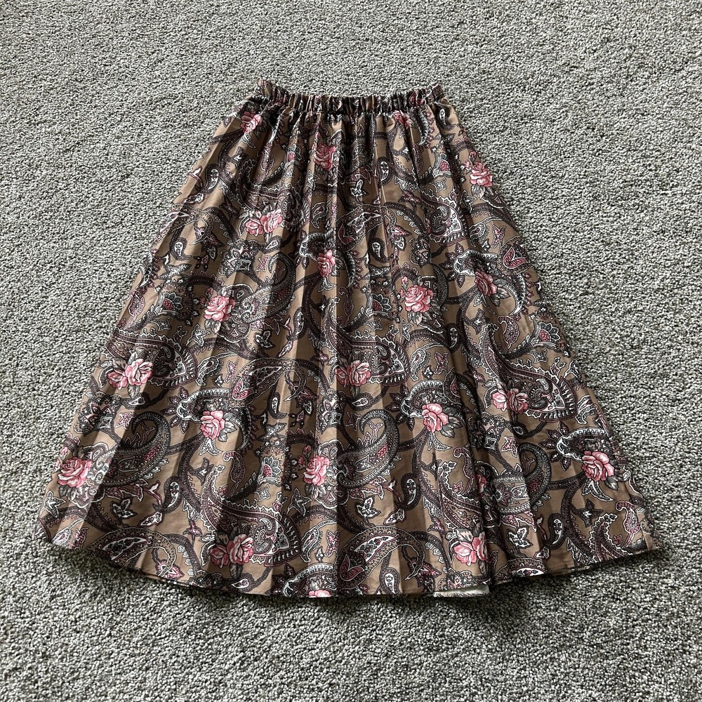 Vintage Skirt Womens S Brown Paisley Pleated Flare Midi Elastic Waist Pull On